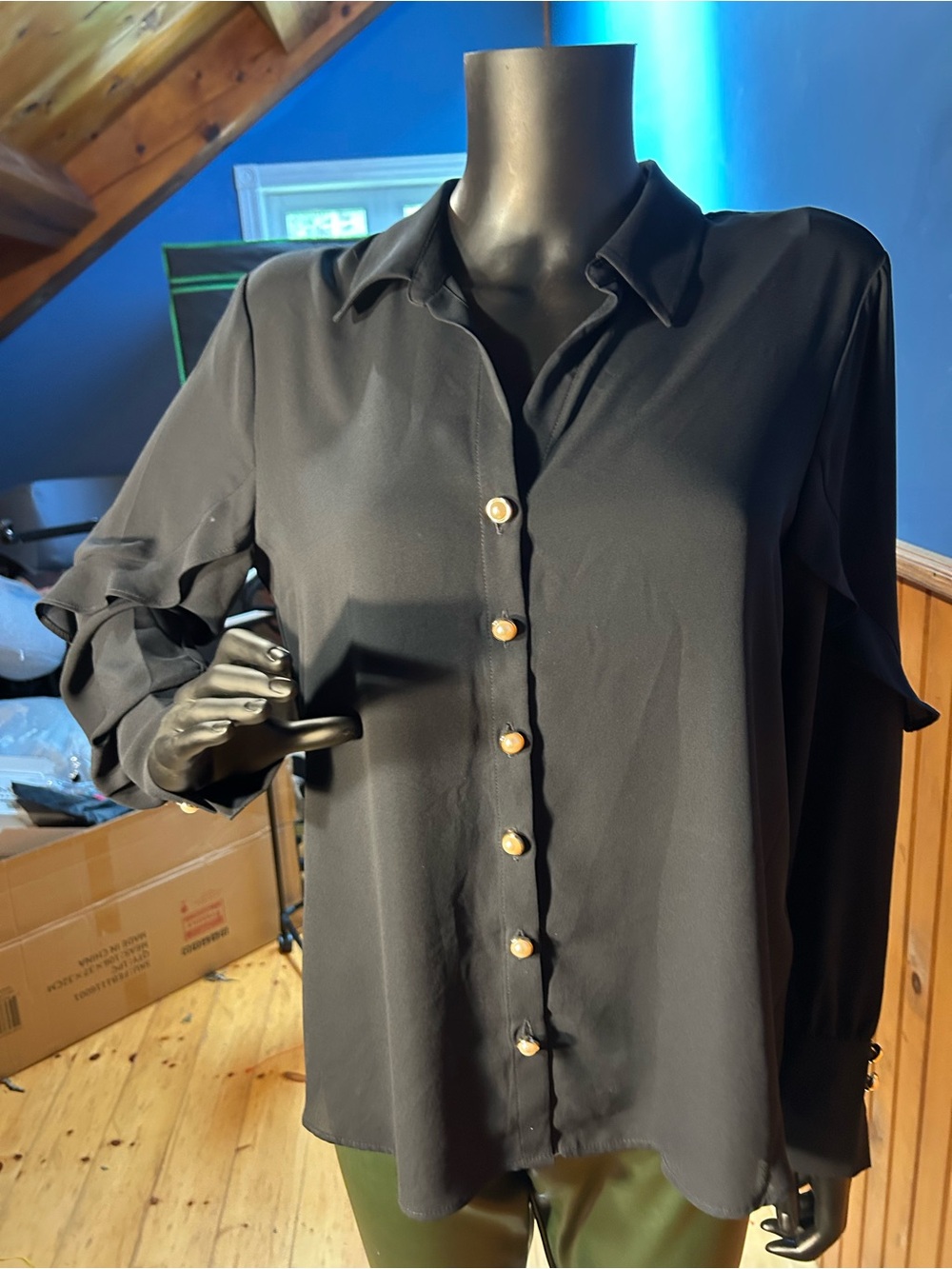 Black Button-Front Long Sleeve Blouse